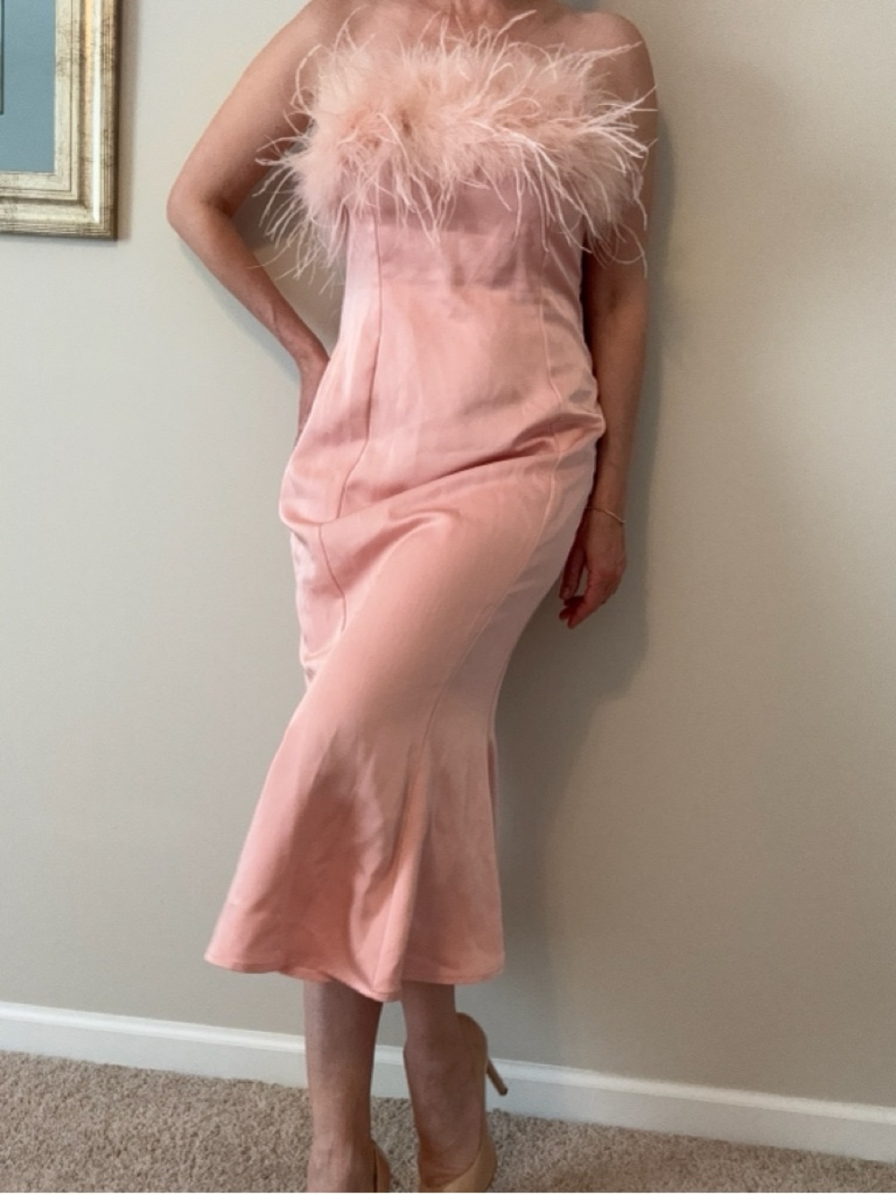 Strapless Feather-Trim Pink Midi Dress